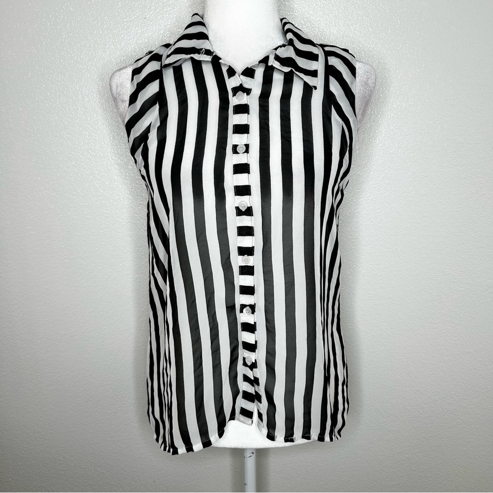 Sparkle & Fade Urban Outfitters Black White Striped Sheer Hi-Low Button Up Top S